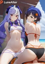 1boy 2girls ai_generated alternate_costume beach beach_background belle_(zenless_zone_zero) big_penis big_thighs bikini brother_and_sister day exposed_pussy hoyoverse incest light-skinned_male light_skin long_hair lunealter medium_ass medium_breasts medium_butt multicolored_hair multiple_girls pale-skinned_female pale_skin penetration pussy pussy_juice red_eyes reverse_cowgirl_position riding sex short_hair thick thick_hips thick_legs thick_thighs vaginal_penetration vivian_banshee wise_(zenless_zone_zero) zenless_zone_zero