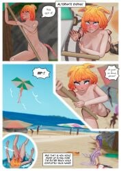 animal_ears beach beach_ball cat_ears cat_tail comic embarrassed embarrassed_nude_female enf_bee english_text female lila_(enf_bee) momo_(enf_bee) mouse_ears mouse_tail naked naked_female text umbrella