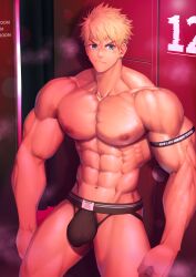 1boy abs armband armpits bara beefy big_areola big_breasts big_bulge blonde_hair blue_eyes blush breasts broad_shoulders bulge bulge_through_clothing collarbone earrings eyebrows_visible_through_hair flaccid frown gay hi_res huge_breasts hunk indoors jockstrap looking_at_viewer male male_breasts male_only manly mature_male meisho_hanten muscles muscular muscular_arms muscular_male navel oppai original original_character pecs pink_light pubic_hair short_hair six_pack slim_waist solo standing steam steaming_body sweat sweatdrop sweating sweaty thick_arms thick_neck topless tough_guy triceps underwear_only veiny_arms very_high_resolution very_sweaty wide_eyed yaoi