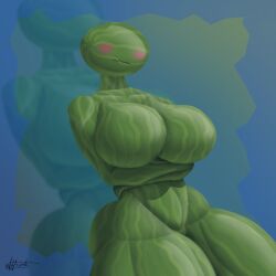 affront arms big_breasts blue_background blush breasts crossed_arms elemental_creature elemental_humanoid embarrassed eyeless featureless_breasts female flora_fauna food food_creature food_humanoid fruit fruit_humanoid green_body hi_res huge_breasts humanoid living_fruit melon nude plant plant_humanoid signature simple_background solo thick_thighs watermelon wide_hips