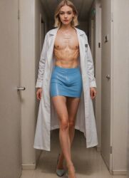 blue bulge_through_clothing dirty_blonde_hair femboy heels labcoat mascara red_lipstick sexy_nurse skirt topless