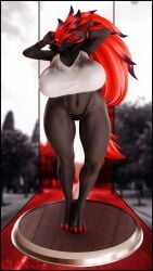3d_(artwork) 9:16 anthro big_breasts big_hair black_body black_clothing black_thong black_underwear blurred_background bracelet breasts claws closed_eyes clothing crop_top digital_media_(artwork) female furry furry_female generation_5_pokemon hair hi_res huge_breasts jewelry long_hair nintendo pokemon pokemon_(species) pokemorph red_claws red_fingers red_hair red_tail shirt solo tail thenicedragon thick_thighs thong topwear underwear waking_up watermark white_clothing white_shirt white_topwear wide_hips zoroark