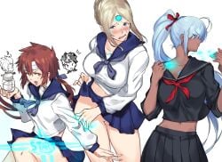 3girls agate_(xenoblade) blade blade_(xenoblade) breasts core_crystal core_crystal_(xenoblade) female lora_(xenoblade) negresco nintendo no_panties perun_(xenoblade) school_uniform tagme xenoblade_(series) xenoblade_chronicles_2