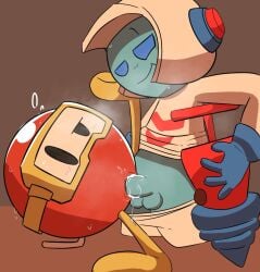 2boys arrow_(symbol) ball blowjob blue_body blue_eyes blue_skin blush blush_lines confused confusion cum cum_drip cum_in_mouth cum_inside cum_on_face cumming cumming_from_giving_oral cumming_from_oral cumming_in_mouth dig_dug drill fellatio gay gay_sex gloves goggles helmet legs_apart legs_up male male/male male_only male_penetrated male_penetrating male_penetrating_male naughtyfey pants_down partially_clothed pooka_(dig_dug) pump red_body shirt_lift shirt_up simple_background smirk smirking steam steaming_body taizo_hori white_shirt
