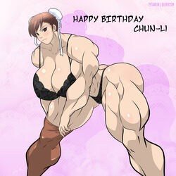 bra breasts brown_eyes brown_hair capcom chun-li elee0228 happy_birthday huge_breasts lingerie muscle muscular muscular_female solo solo_focus stockings street_fighter zetarok