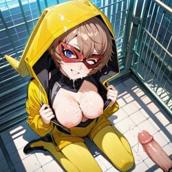 1boy1girl 1girl after_cumshot ai_generated blue_eyes blush bodysuit breasts brown_hair chain-link_fence cum cum_on_body cum_on_breasts cum_on_clothes cum_on_lower_body cum_on_upper_body ejaculation eyebrows_visible_through_hair facial female fence from_above hood infit long_sleeves looking_at_viewer male mask masked masked_female medium_breasts motoha_arai nipples on_ground one_eye_closed penis persona persona_5 persona_5:_the_phantom_x raincoat red_mask shoes short_hair sitting smile solo_focus straight wariza wink winking winking_at_viewer yellow_footwear yellow_legwear