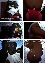 1boy 1girls animal_genitalia animal_penis ass bite black_hair blue_eyes breasts brown_eyes canid canine canine_genitalia canine_penis canis clothed_sex dark-skinned_female dark_skin dialogue domestic_dog english_text female glasses interspecies knot knotted_penis knotting long_hair looking_at_viewer male nipples open_mouth original original_character panties panties_aside penetration penis pussy saittamicus sitting text torn_clothes torn_clothing vagina vaginal vaginal_insertion vaginal_penetration vaginal_sex white_panties zoophilia