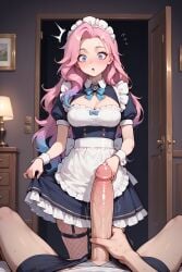 1boy 1girls ai_generated big_penis caught caught_in_the_act caught_masturbating fishnets league_of_legends maid maid_headdress masturbation nimopigato pink_hair riot_games seraphine_(league_of_legends) surprised