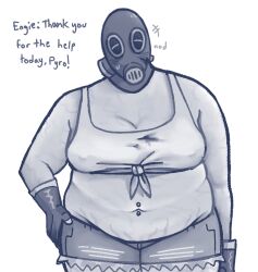 belly_piercing chubby fat female gas_mask latex_gloves masked_female monochrome nipple_piercing nonbinary pyro_(team_fortress_2) scvmwrld solo stained_clothes team_fortress_2