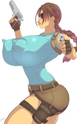 bad_anatomy belt big_breasts big_lips big_nipples blush breasts brown_hair erect_nipples eyewear female female_only fingerless_gloves firearm gun handgun handwear holster huge_breasts human lara_croft lara_croft_(classic) legwear lips lipstick long_hair nipple_bulge pale_skin puffy_nipples shorts sunglasses tank_top thick_thighs tight_clothing tinted_eyewear tomb_raider weapon zetarok