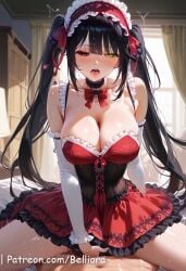 1boy 1girls ai_generated anus ass belliora black_hair black_legwear blush breasts cleft_of_venus clock_eyes covering_crotch date_a_live female fingering heterochromia long_hair looking_at_viewer male medium_breasts naughty_face neck_ribbon nipples no_panties open_clothes open_mouth pussy red_eyes solo spread_legs thighhighs tokisaki_kurumi twintails yellow_eyes
