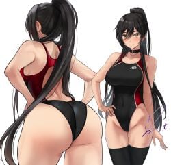 ass ass_focus back back_view bare_arms bare_shoulders belly_button_visible_through_clothing big_ass big_breasts black_hair black_thighhighs blush breasts choker closed_mouth collarbone competition_swimsuit earrings groin highleg_one-piece_swimsuit idolmaster idolmaster_shiny_colors long_hair one_piece_swimsuit ponytail red_swimsuit shirase_sakuya shoulder_blades smile swimsuit thick_thighs thigh_gap thighhighs thighs yellow_eyes yoo_tenchi