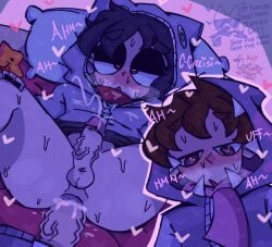 2boys anal anal_sex anus ass balls bed big_ass big_penis blush breath_cloud breathing brown_hair cherubiesan clothed clothed_sex clothing creisi cum cum_drip cum_in_ass cum_on_clothes cum_on_face cum_on_sheets digital_drawing_(artwork) ejaculation femboy femboysub gay gay_sex genital_fluids genitals hands_on_thighs heart heart-shaped_pupils hoodie human jacket jacket_open legs_spread light-skinned_male light_skin looking_at_partner looking_pleasured looking_up lying lying_on_bed magenta_eyes male male_only moaning moaning_in_pleasure no_underwear on_bed orgasm penetration penis pink_scarf pov purple_clothing purple_eyes purple_hair purple_hoodie purple_jacket red_scarf scarf sex short_hair spread_legs sweat sweating sweaty_ass sweaty_face text veiny_penis youtube_hispanic zeckro