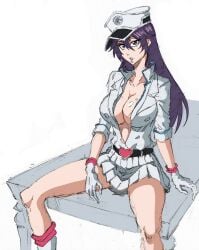 bambietta_basterbine belt big_breasts bleach bleach:_sennen_kessen-hen bleach:_the_thousand-year_blood_war boots breast breasts gloves heart_belt long_hair neckline open_legs open_shirt purple_eyes purple_hair quincy_(bleach) rakusakugk skirt sternritter thighs white_boots white_clothing white_gloves