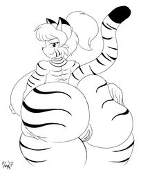 2017 anthro ass big_breasts big_butt black_and_white breasts feline female hair huge_breasts huge_butt jmynstyx looking_back mammal monochrome nipples pussy raised_tail sideboob simple_background spread_ass spreading thick_thighs tiger voluptuous white_background wide_hips