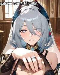 1girls ai_generated artifical_art big_breasts bride chinese_clothes grey_eyes grey_hair hair_ornament hanya_(honkai:_star_rail) honkai:_star_rail honkai_(series) hoyoverse long_hair mihoyo pale-skinned_female pale_skin perfect_body tiara