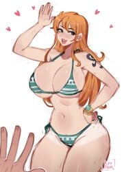 arm_tattoo artist_name big_breasts bikini_top brown_hair busty curvy green_bikini heart kyopink light-skinned_female light_skin nami_(one_piece) one_piece orange_hair small_waist swimsuit tattoo thick_thighs thighs white_background