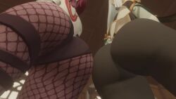 2girls 3d animated ass ass_focus ass_shake bodysuit braid braided_ponytail fishnet_pantyhose from_behind from_below genshin_impact green_eyes hair_ornament huge_ass jiggle kishi leaning leaning_forward leotard long_hair multicolored_hair multiple_girls pantyhose purple_eyes purple_hair red_hair rosaria_(genshin_impact) shenhe_(genshin_impact) skin_tight tagme twerking video video white_hair