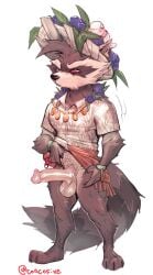 aloha_shirt anthro balls bottomless bottomless_male brown_body brown_fur clothed clothing concosive erection fur genitals glans guardians_of_the_galaxy hat headgear headwear hi_res jewelry male mammal marvel necklace pattern_clothing pattern_shirt pattern_topwear penis procyonid raccoon red_eyes rocket_raccoon shirt simple_background solo topwear