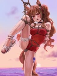 a_tea angelina_(arknights) animal_ears arknights arms_behind_back bare_shoulders black_choker blush bondage bound breast_bondage breasts brown_hair choker clothing_aside collarbone crotch_rope dildo highres leg_up long_hair looking_at_viewer medium_breasts object_insertion ocean one-piece_swimsuit open_mouth pussy red_eyes red_one-piece_swimsuit sandals sex_toy shibari_over_clothes skindentation sky standing standing_on_one_leg swimsuit swimsuit_aside tail thigh_strap twintails vaginal_object_insertion vaginal_penetration very_long_hair