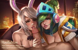 1boy 2girls apartment arcade_riven arcade_series armor armour artist_name ass battle_bunny_riven blue_eyes bow_tie breasts brown_eyes bunny_ears bunny_girl fellatio female green_hair hair_bun handjob headphones helmet helmet_headphones hips hoobamon league_of_legends legs legwear licking long_hair male multiple_girls oral oral_sex pantyhose penis precum riven short_hair silver_hair straight thighs tied_hair tongue tongue_out watermark web_address white_hair