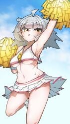 armpits arms_up athletic blush cheerleader cheerleader_outfit curvy duel_masters duel_masters_play's jumping looking_to_the_side medium_breasts open_mouth pom_poms sweat sweaty underboob vivi_(duel_masters_plays) voluptuous worried