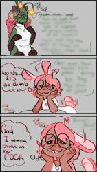 4_arms antennae_(anatomy) asterin_(flourforrest) biting_lip bunnie_coniglia bunny_ears bunny_tail caterpillar_humanoid clothed flourforrest green_body green_skin heart-shaped_pupils lop_ears muffled_speech no_sex pink_hair rabbit_ears rabbit_humanoid rabbit_tail tailwag tan_body tan_skin thought_bubble
