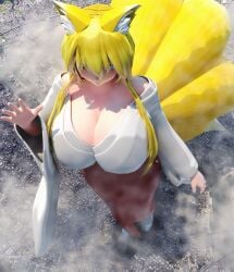 1girls 3d 3d_(artwork) big_breasts blonde_female blonde_hair blonde_hair blonde_hair_female breasts cleavage clothed clothed_female female female_focus female_only foxgirl giant_female giant_woman giantess kingklon kitsune kitsune_girl large_breasts light-skinned_female light_skin macro macro_female overhead_view shrine_maiden solo solo_female solo_focus walking yellow_hair yellow_hair_female