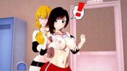 2girls black_hair black_hair_female blonde_female blonde_hair breasts gym_clothes gym_shirt gym_shorts gym_uniform half-siblings half-sisters lifting_shirt long_hair long_hair_female nakadashi_(artist) ponytail purple_eyes red_highlights revealing_breasts ruby_rose rwby silver_eyes sisters yang_xiao_long