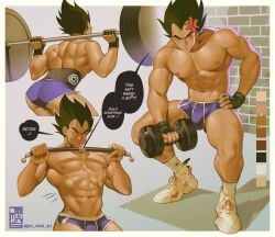 1boy abs artist_name ass bara bulge dolphin_shorts dragon_ball jezz_mons_nsfw male male_focus male_only muscular muscular_arms muscular_chest muscular_male nipples pecs pectorals shirtless shoes shorts solo solo_male squatting thighs topless topless_male vegeta workout
