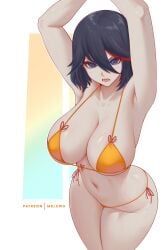 1boy 1girls absurdres armpits arms_up bikini breasts female female_human hair_between_eyes highres hourglass_figure human kill_la_kill large_breasts light-skinned_female light_skin long_hair_between_eyes looking_at_viewer male matoi_ryuuko melowh multicolored_hair navel open_mouth orange_bikini pale-skinned_female pale_skin patreon_username red_hair short_hair side-tie_bikini_bottom slim_waist string_bikini swimsuit thick_thighs thighs tomboy two-tone_hair v-shaped_eyebrows white_background wide_hips