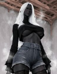 1girls ai_generated big_breasts black_body black_skin busty busty_female colored_skin crop_top cute cute_face dark_skin elden_ring elden_ring_nightreign female female_focus fromsoftware gray_eyes hentai hi_res highres hips large_breasts lips massive_breasts mature_female recluse recluse_(elden_ring) recluse_(nightreign) shorts srodskiy stockings sweat tagme thick_thighs vulgar white_hair witch