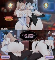 1futa 2girls alternate_costume big_balls blue_hair breasts brown_hair bunny_ears bunny_girl bunny_tail bunnysuit caress caressing_penis cleavage corrin_(fire_emblem) corrin_(fire_emblem)_(female) cum cum_in_pussy cum_inside double_breast_grab english_text felicia_(fire_emblem) fire_emblem fire_emblem_fates flora_(fire_emblem) futanari grabbing_from_behind groping guided_breast_grab handjob harem hpjpart i_love_you indoors kissing large_breasts leotard long_hair multiple_girls nervous nervous_smile nintendo penis penis_grab ponytail princess pussy royalty sex short_hair silver_hair testicles text twintails vaginal_penetration