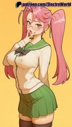 1girls 2025 ai_generated artist_name blush breasts breasts breasts bust chest covered_nipples electroworld female glasses gradient gradient_background green_skirt hi_res high_quality high_resolution highres highschool_of_the_dead long_hair mole open_mouth patreon patreon_username pink_hair pleated_skirt saya_takagi school_uniform see-through serafuku skirt solo stable_diffusion thighhighs twintails watermark yellow_background