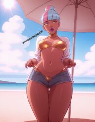 1girls ai_generated big bikini breasts dark-skinned_female dark_skin denim_shorts league_of_legends league_of_legends:_wild_rift qiyana_yunalai sergunyaa23 tagme