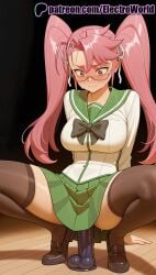 1girls 2025 ai_generated artist_name blush breasts breasts breasts brown_footwear bust chest electroworld female green_skirt hi_res high_quality high_resolution highres highschool_of_the_dead legs_apart legs_spread loafers long_hair no_panties open_legs patreon patreon_username pink_hair saya_takagi school_uniform shoes skirt solo splayed_legs spread_legs squatting stable_diffusion sweat thighhighs twintails watermark