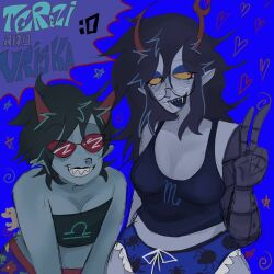 2girls blue_lipstick boxers breasts chubby cleavage curvy dkwark english_text eyewear fangs female female_only glasses grin homestuck homestuck_troll horns lipstick long_hair mechanical_arm medium_breasts messy messy_hair no_pants not_porn panties plump pointy_ears prosthetic prosthetic_arm red-tinted_eyewear sharp_teeth short_hair sketchy smile sunglasses tank_top teeth terezi_pyrope thick_thighs tubetop tumblr voluptuous vriska_serket wide_hips