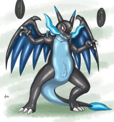 2023 3_fingers 3_toes alternate_version_at_paywall anthro artist_name balls balls_outline better_version_at_paywall biped black_body blue_body blue_countershading blue_wings breath_powers bulge claw_pose claws colored continuation_at_paywall countershade_face countershade_neck countershade_tail countershade_torso countershading crotch_zipper detailed_bulge digitigrade elemental_manipulation erection feet fingers fire fire_breathing fire_manipulation front_view generation_6_pokemon genital_outline glistening glistening_body hi_res horn japanese_text male mega_charizard mega_evolution membrane_(anatomy) membranous_wings motion_lines muffled nintendo nude penis penis_outline pokemon pokemon_(species) pupils red_eyes seam_(sewing) sharp_teeth signature snout solo speech_bubble spikes spikes_(anatomy) spread_legs spread_wings spreading standing story_at_paywall suit_transformation tail teeth text toes transformation vayu white_pupils wing_spikes wings zipper