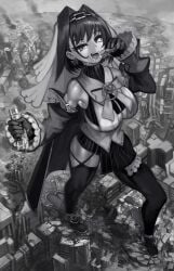 big_breasts big_breasts breasts breasts city city_destruction clothed clothed_female crush destruction giantess giantess_crush hololive hololive_english hololive_english_-council- imminent_vore light_skin light_skinned_female looking_at_viewer macro macro_female pre_vore yilx