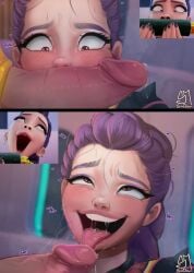1boy absurdres ahe_gao blush braid braided_ponytail brown_eyes cross-eyed earrings erection eyeliner female food gimbap heart highres jewelry kpop_demon_hunters large_penis makeup meme nail_polish open_mouth penis penis_awe precum purple_eyeliner purple_hair rumi_(kpop_demon_hunters) rumi_sniffing_kimbap_(meme) saliva saliva_trail scene_reference screenshot_inset semi_draws smelling smelling_penis straight tongue tongue_out uncensored