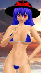 2025 3d beach big_breasts bikini blue-haired_female blue_bikini breasts cleavage clouds female hat hati_yukkuri_mmd headwear hips iku_nagae light-skinned_female looking_at_viewer mmd navel open_mouth red-eyed_female short-haired_female sunset swimsuit touhou waist water