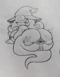 1girls anus areolae blush blushing booty breasts disembodied_hand disembodied_hands female ghost_tail gloves grey_scales hair_covering_eyes long_hair mario_(series) monochrome nintendo nipples paper_mario pencil_(artwork) rand0m_293 shadow shadow_creature sideboob simple_background traditional_media_(artwork) trans_woman vivian_(paper_mario) witch_hat