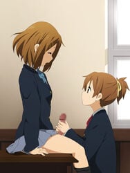 1futa 1girls accurate_art_style censored clothed clothing female futa_on_female futanari handjob human human_only incest intersex k-on! minarui penis schoolgirl siblings sisters skirt tagme ui_hirasawa_(k-on!) yui_hirasawa_(k-on!)