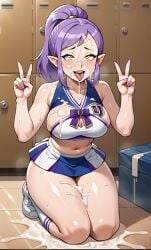 ahe_gao ai_generated amity_blight big_breasts cheerleader cheerleader_outfit cheerleader_uniform cum cum_on_face cum_on_thighs double_v female female_only legitimate long_hair on_knees peace_sign ponytail purple_hair smiling solo solo_female the_owl_house thick_thighs tongue_out yellow_eyes