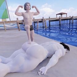 1boy 1girls alcina_dimitrescu beach bikini black_nails buff capcom defeat defeated different_angle face_down faint fainted knocked_out lying lying_down lying_on_stomach muscles muscular muscular_female on_front on_stomach resident_evil showing_off stepping_on_female swimsuit tagme unconscious unconscious_female victory white_body white_skin xemnasxd