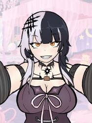 black_hair goth gothic hololive hololive_advent hololive_english makeup shiori_novella smile vtuber white_hair yellow_eyes