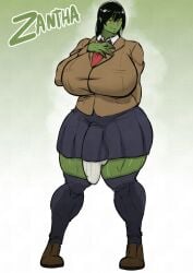 blush blush blushing_at_viewer breasts_bigger_than_head bulge_through_clothing dittochad gigantic_breasts looking_at_viewer orc orc_futa thick_thighs