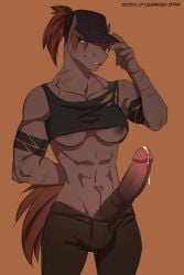 2:3 absurd_res anthro arm_tattoo athletic big_penis bodily_fluids bottomwear breasts brown_eyes bulge clothing crop_top equid equine erection genital_fluids genitals gynomorph hair hand_behind_back hand_on_hat hat headgear headwear hi_res horse humanoid_genitalia humanoid_penis hybrid_genitalia hybrid_penis intersex leaking_precum looking_at_viewer lotusgarden mammal medial_ring medial_ringed_humanoid_penis medial_ringed_hybrid_penis muscular muscular_intersex nipple_slip nipples pants penis ponytail precum scar scars_all_over shirt simple_background smile smiling_at_viewer solo tattoo thigh_up topwear torn_clothing under_boob zitra_(lotusgarden)
