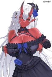 akumi bare_shoulders black_gloves blue_flower blue_rose breasts choker cleavage closed_mouth collarbone dress elbow_gloves female flower gloves hair_between_eyes hair_flower hair_ornament horns large_breasts long_hair looking_at_viewer pointy_ears red_skin ribbon rose smile solo very_long_hair vyugen white_background white_hair yellow_eyes