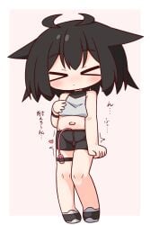 >_< absurdres bare_arms bare_shoulders black_hair black_shoes black_shorts blush border closed_eyes commentary_request crop_top cropped_shirt egg_vibrator female full_body hana_kazari highres midriff navel open_mouth original outside_border sex_toy shirt shoes short_hair shorts simple_background sleeveless sleeveless_shirt solo standing trembling vibrator vibrator_in_thigh_strap white_border yellow_background